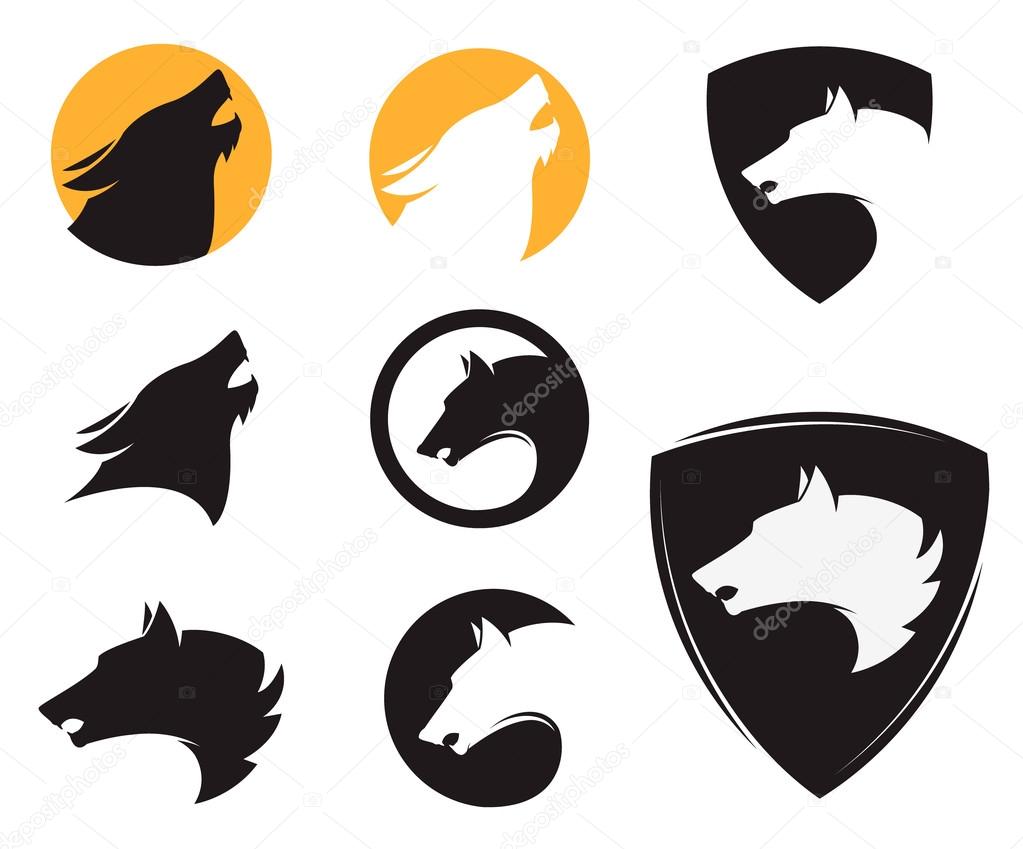 Set of the emblem templates with wolf heads. Design elements for logo, label, emblem, sign, brand mark. Vector illustration.