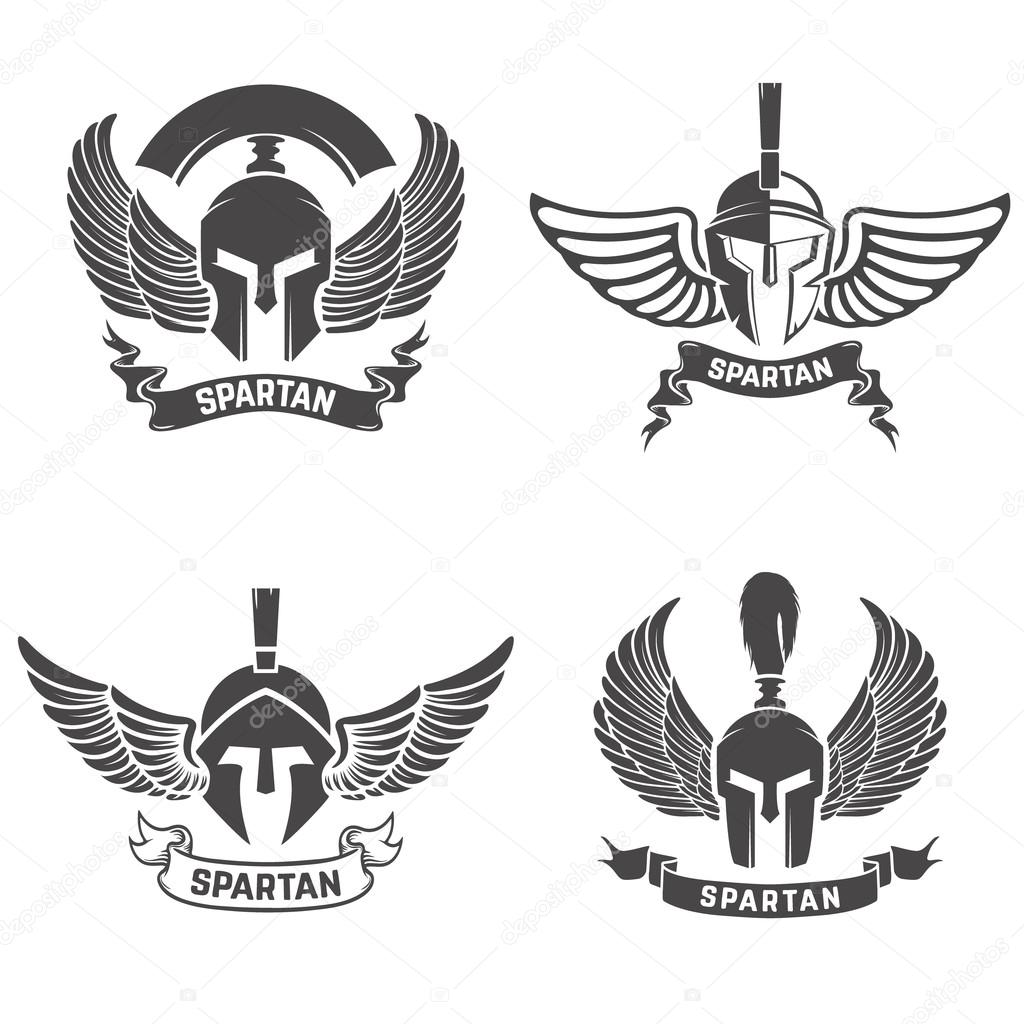 Set of the spartan helmets with wings. Design elements for logo, label, emblem, sign, brand mark. Vector illustration.