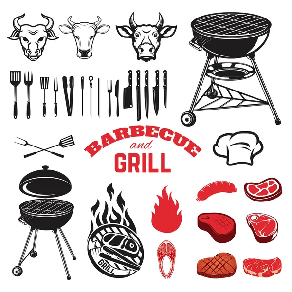 Grill und Grill Design-Elemente. Kuhköpfe. Haushaltsgeräte. Steaks. — Stockvektor