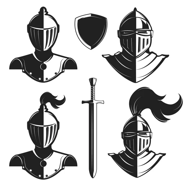 Set of knights helmets isolated on white background. Knight's sw — Stock Vector