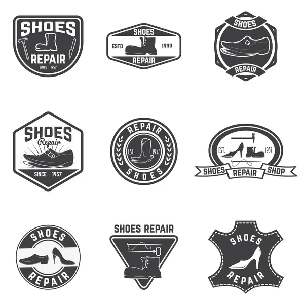 Schuhe reparieren Etiketten. Gestaltungselemente für Logo, Etikett, Emblem, — Stockvektor
