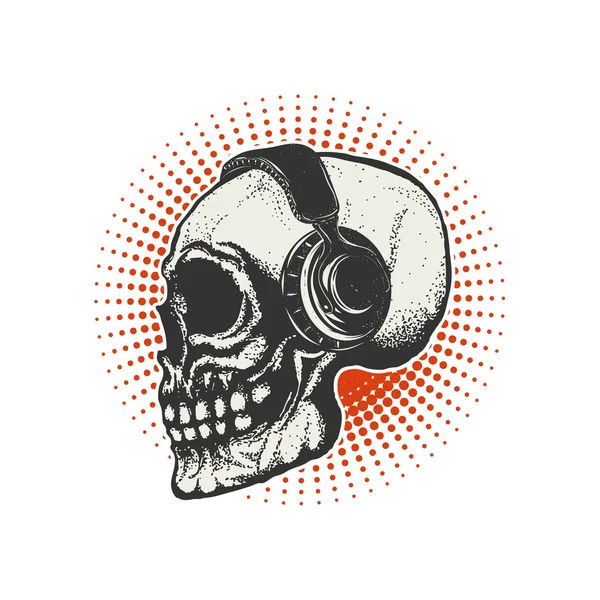 Handgezeichneter menschlicher Schädel in Kopfhörern. Design-Element für T-Shir — Stockvektor
