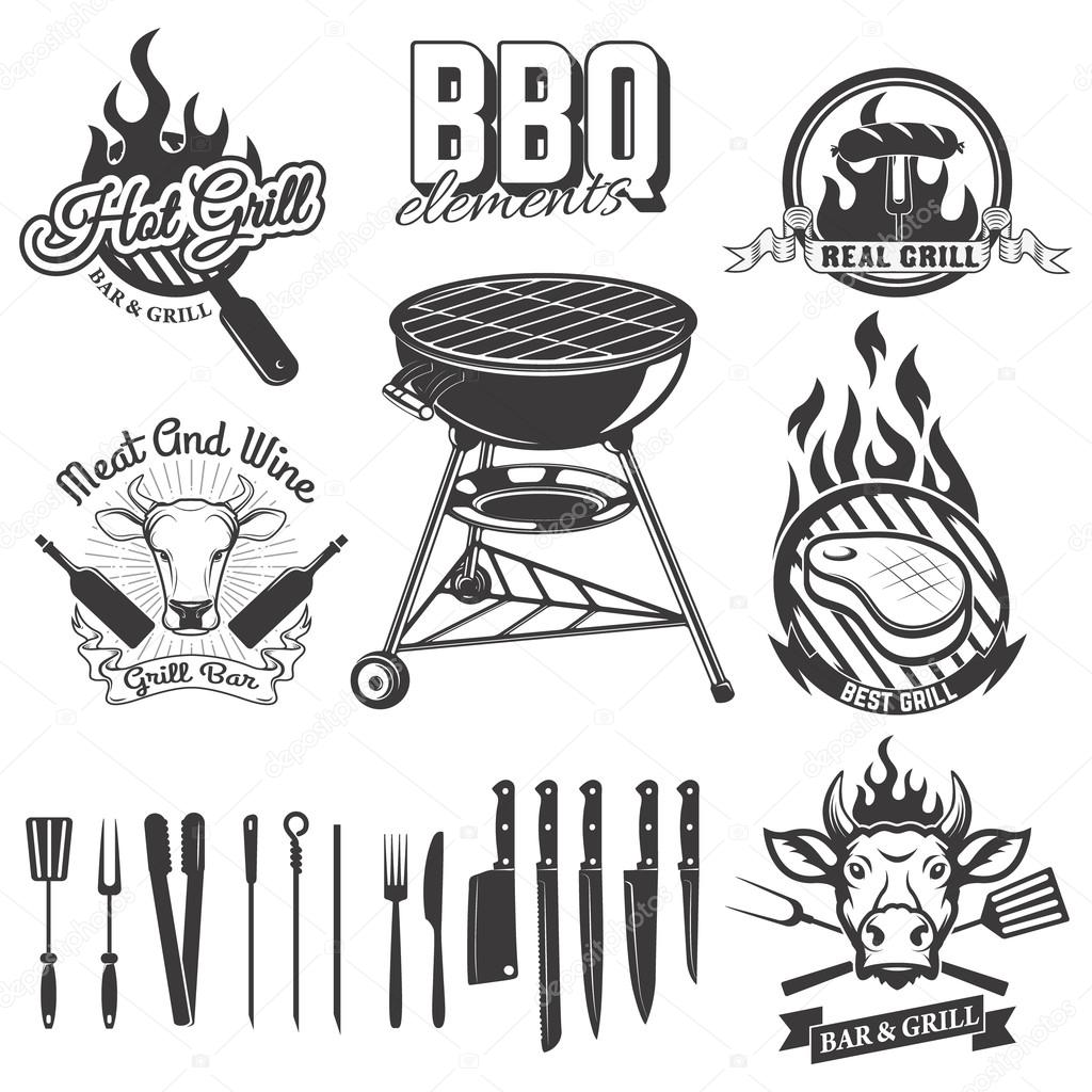 Bbq, grill bar emblems and badges. Set of kitchen tools. Design Stock