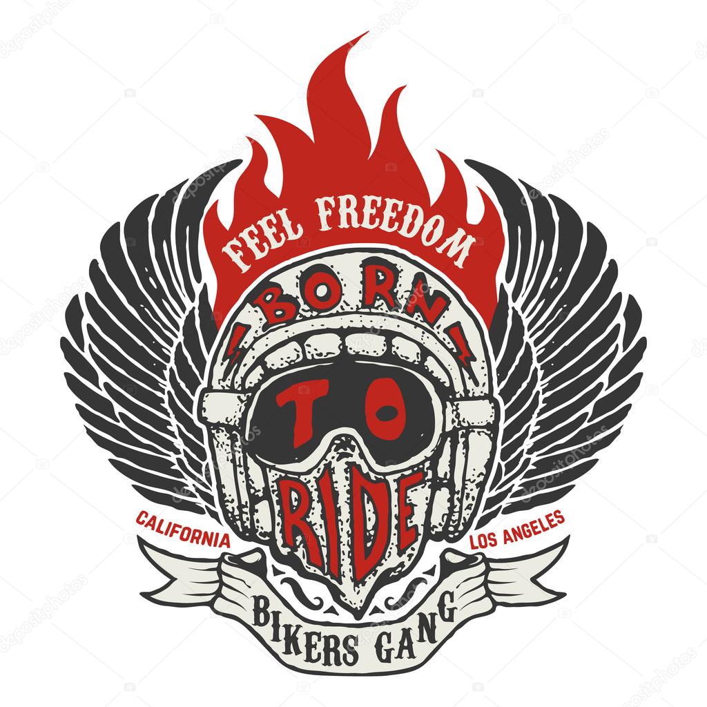 Feel freedom. Hand drawn biker helmet with fire and wings isolat
