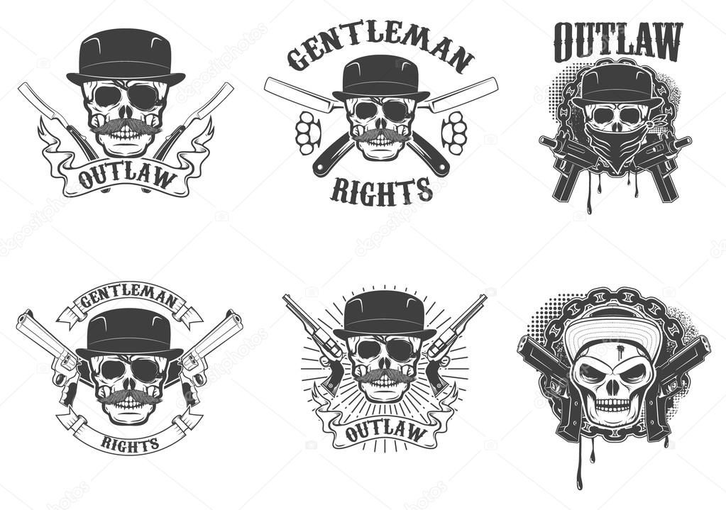 Set of  gangsta skulls isolated on white background. Design elem