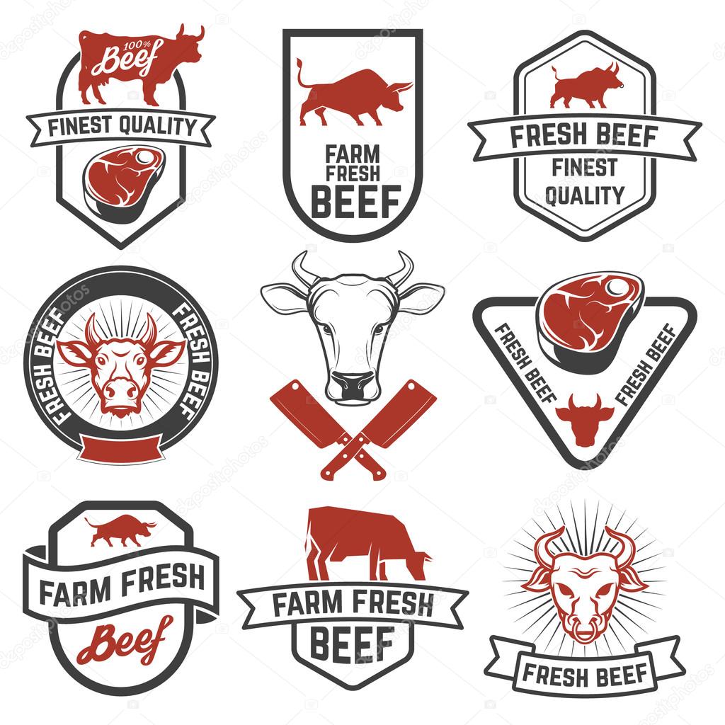 Set of fresh beef labels. Cow meat. Butcher shop. Fresh meat. Design elements for logo, label, emblem, sign, brand mark. Vector illustration.