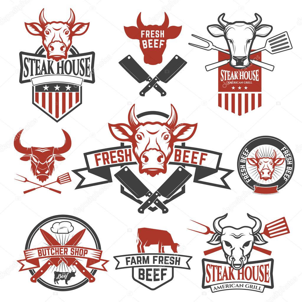 Set of fresh beef labels. Cow meat. Butcher shop. Fresh meat. Design elements for logo, label, emblem, sign, brand mark. Vector illustration.