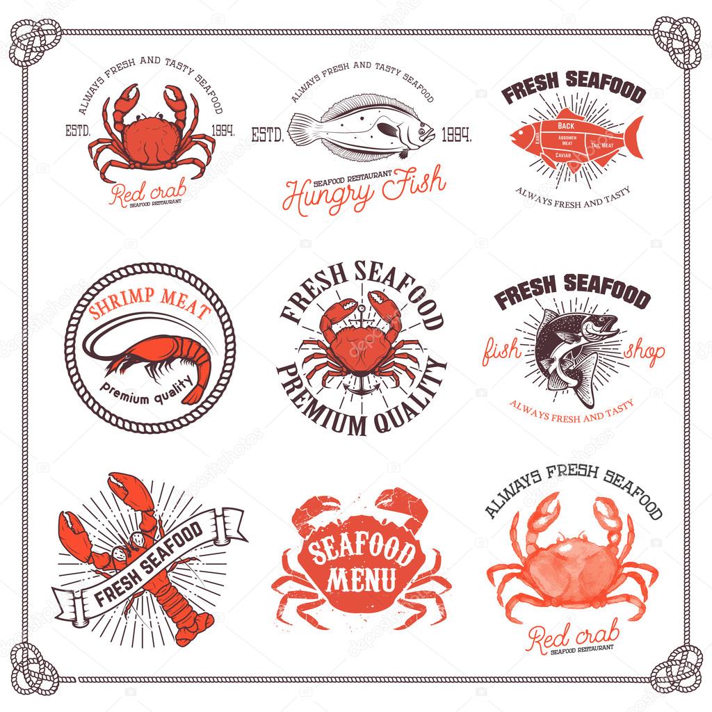 Set of seafood labels isolated on white background. Design eleme