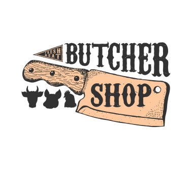 El çekilmiş et satır. Kasap dükkanı amblemi şablonu. Kasaplık.