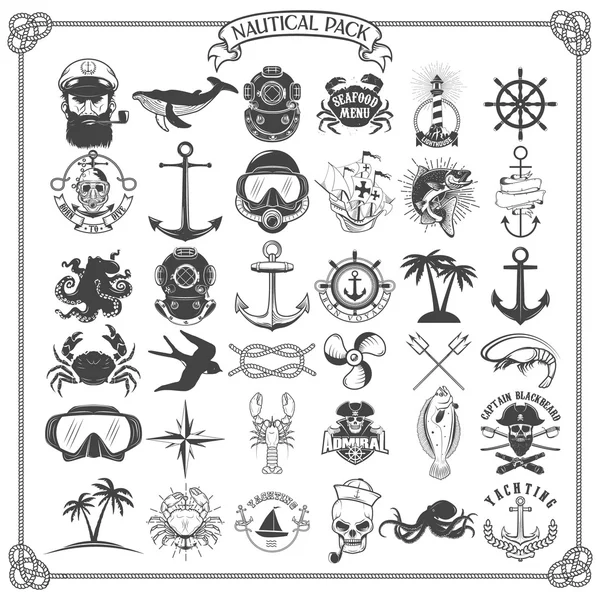 Big set of design elements for nautical emblems, seafood restaur — Stock Vector