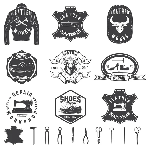 Onarım atölye etiketleri ve tasarım öğeleri kümesi. Deri Hediyelik