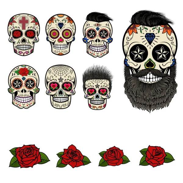 Set of sugar skulls and design elements. Day of the Dead. Skull — Stock Vector