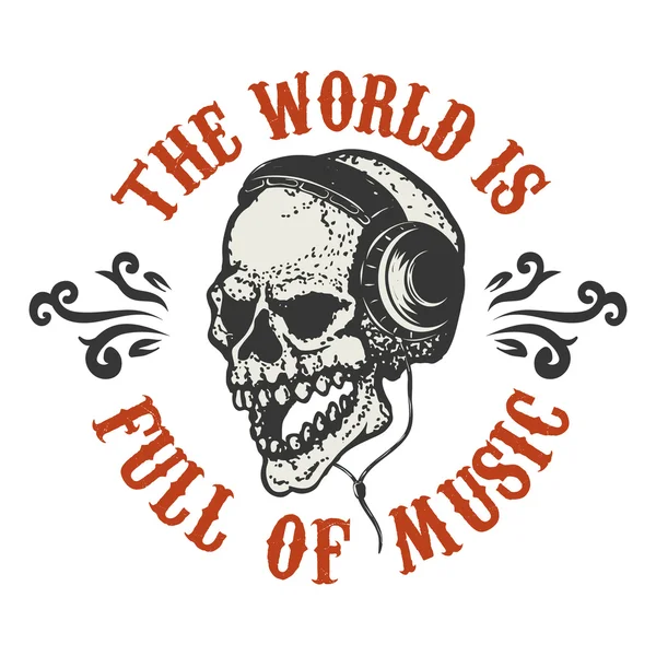 The world is full of music. Hand drawn human skull in headphones — Stock Vector