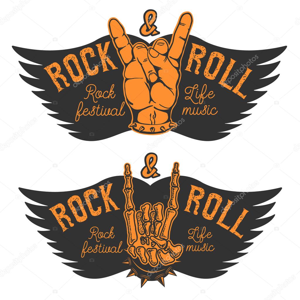 Set of the human hands with Rock and roll sign and wings. Rock a