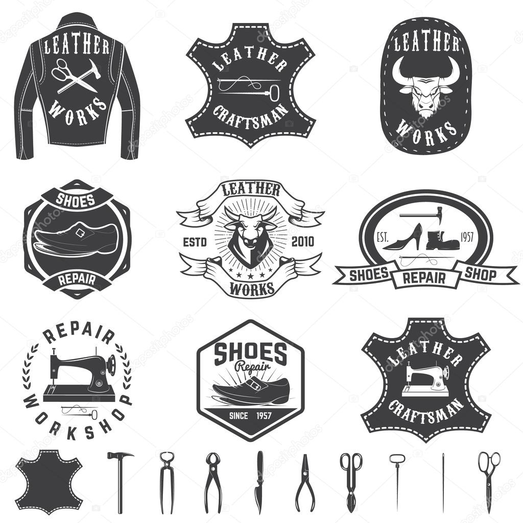 Set of repair workshop labels and design elements. Leather works, shoe repair,  apparel workshop. Design element for logo, label, emblem, sign, brand mark. Vector illustration.