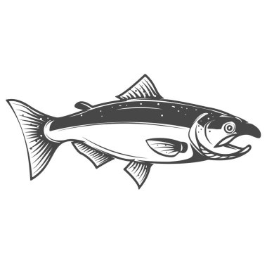 Beyaz arka planda somon simgesi izole edildi. Deniz ürünleri. Menü, poster, amblem, imza için tasarım ögeleri.