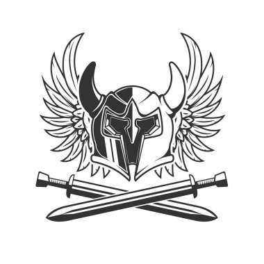 Beyaz arka planda çapraz kılıçlı ve kanatlı boynuzlu miğfer. 