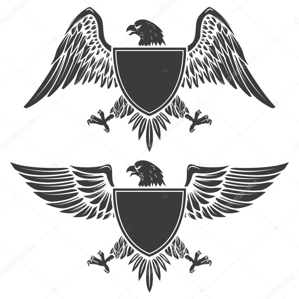 Eagle with shield isolated on white background. Design element for emblem, badge. 