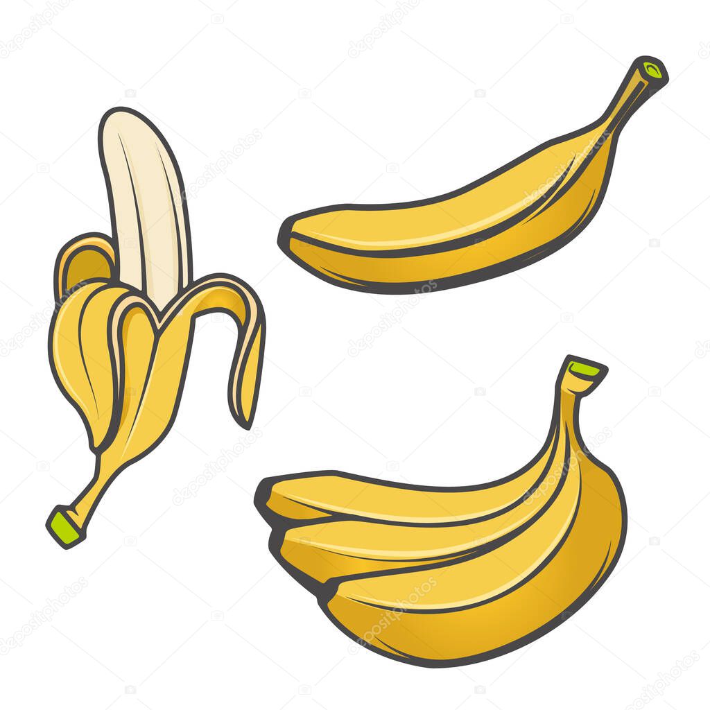 Set of banana icons isolated on white background. Design elements for logo, label, emblem, sign, brand mark.
