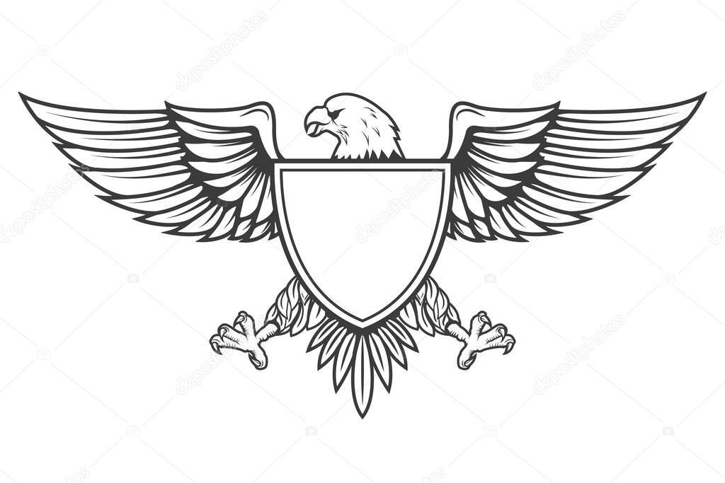Eagle with shield isolated on white background. Design element for emblem, badge.