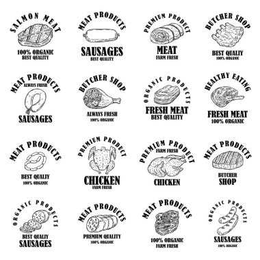 Et ürünleri etiketleri. Poster, logo, amblem ve imza için tasarım elemanı. Vektör illüstrasyonu