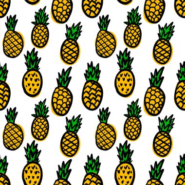 Ananaslı kusursuz desen. Poster, kart, afiş ve el ilanları için tasarım elemanı. Vektör illüstrasyonu