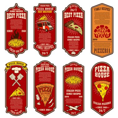 Pizza evi broşürleri. Poster, kart, pankart, amblem, işaret, etiket tasarımı. Vektör illüstrasyonu