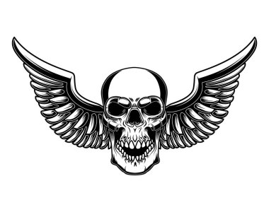 İşleme tarzında kanatlı kafatası. Poster, logo, etiket, işaret, rozet tasarımı. Vektör illüstrasyonu