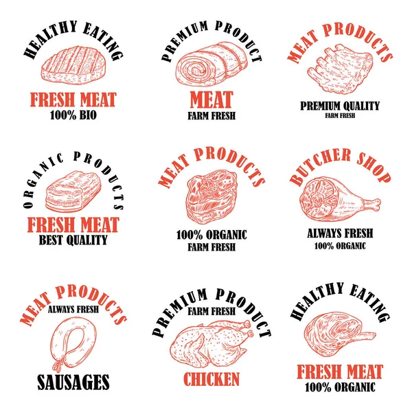 Σετ Ετικετών Προϊόντων Κρέατος Στοιχείο Σχεδιασμού Για Αφίσα Λογότυπο Εμβλήματα — Διανυσματικό Αρχείο