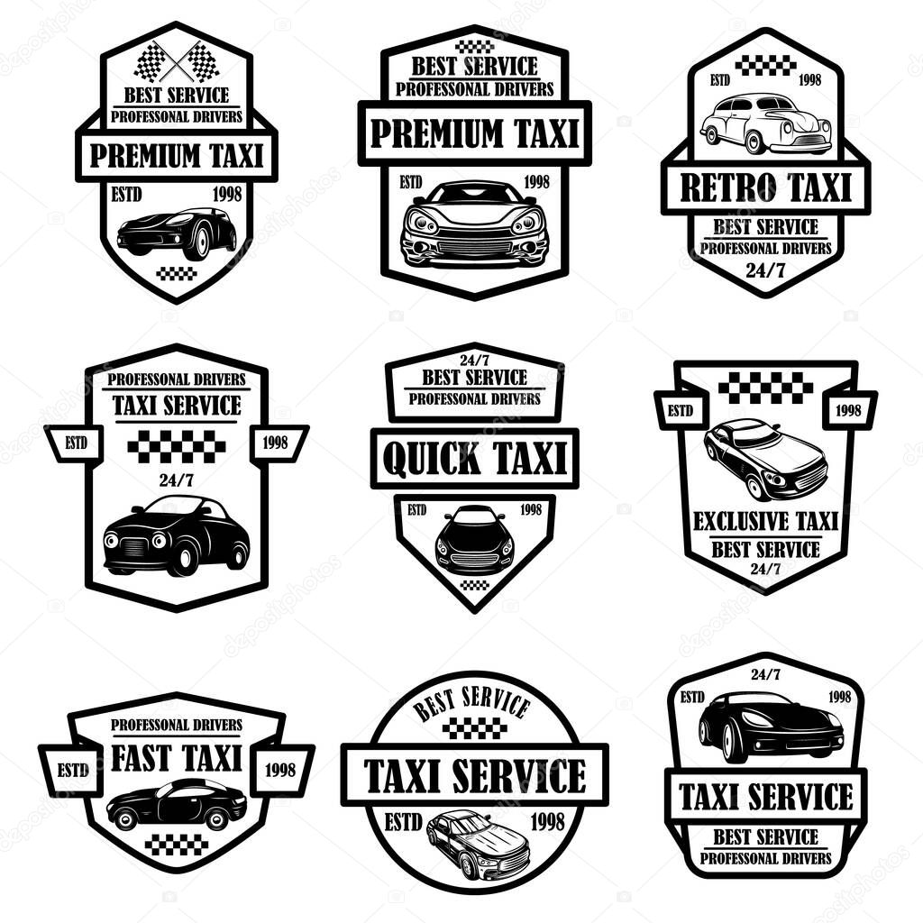 Set of taxi service emblems. Design element for poster, card, banner, logo, label. Vector illustration