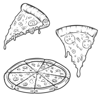 Beyaz arka planda izole edilmiş pizza çizimleri. Logo, etiket, amblem, imza ve menü için tasarım ögeleri.