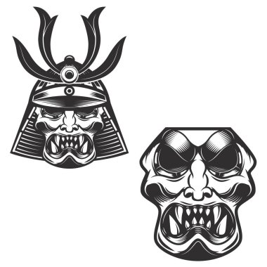 Samuray savaşçı kaskı beyaz arka planda izole edilmiş. Logo, etiket, amblem için tasarım ögeleri. 