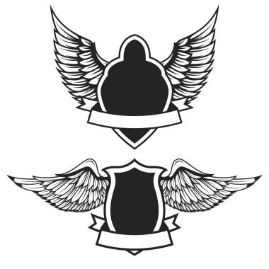 Kanatlı boş amblemlerin seti. Logo, etiket, rozet ve imza için tasarım ögeleri. 