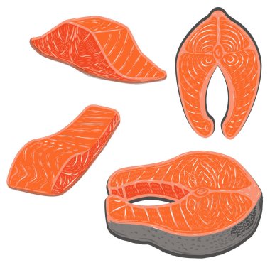 Somon eti. Somon biftekleri beyaz arka planda izole edilmiş.