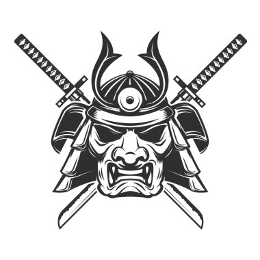 Beyaz arka planda çapraz kılıçlı samuray maskesi. Logo, etiket, amblem, imza, marka işareti için tasarım ögeleri. 