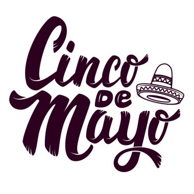 Cinco de mayonez. Sombrero 'da. Beyaz arka planda el çizimi harfleri izole edilmiş. Poster ve tebrik kartı için tasarım ögesi.