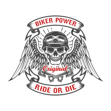 Kanatları ve iki çapraz pistonu olan bir yarışçı kafatası. Motorcu gücü. Sür ya da öl. Poster, tişört, amblem için tasarım ögesi.