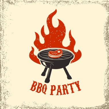 Barbekü partisi. Arka planda ateş olan ızgara. Poster ve restoran menüsü için tasarım ögesi.