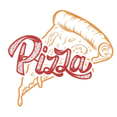 Pizzacı el yazısı logo, etiket, rozet. Fast food restoranının amblemi, kafe. Beyaz arkaplanda izole.