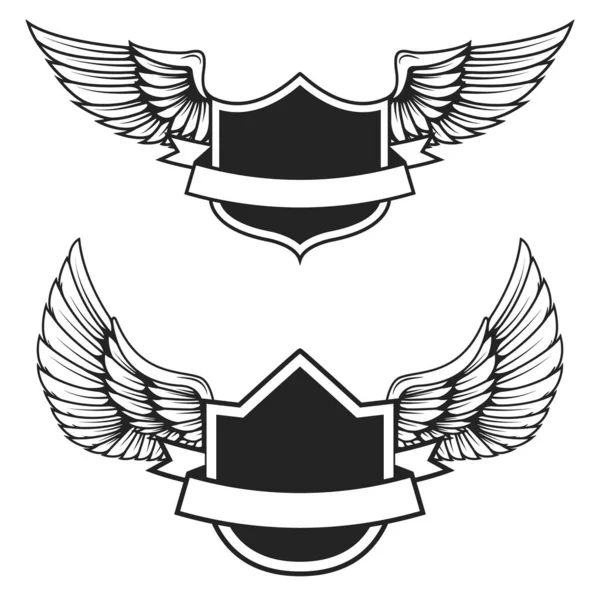 Kanatlı boş amblemlerin seti. Logo, etiket, rozet ve imza için tasarım ögeleri.