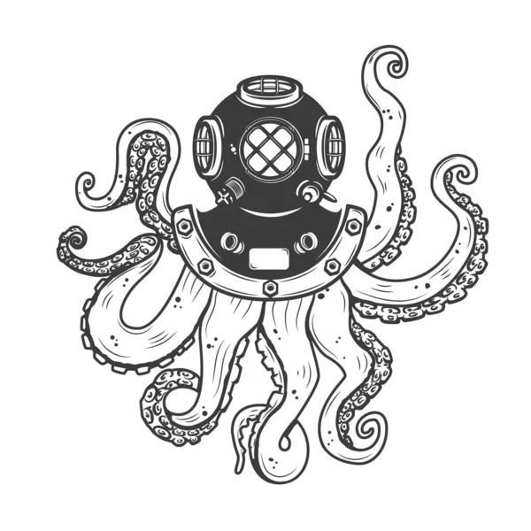 diver helmet with octopus tentacles isolated on white background. Design elements for poster, t-shirt.