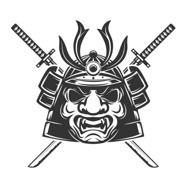 武士面具与交叉剑隔离在白色背景 标识的设计要点 — 图库照片