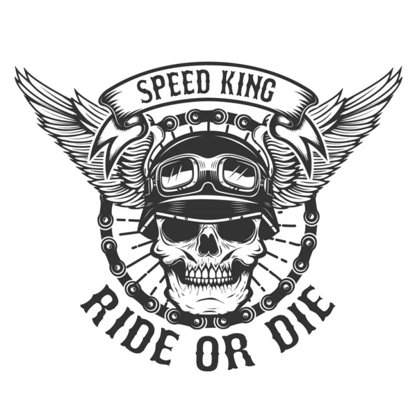 Racer skull with wings. Biker power. Ride or die. Design element for poster, t-shirt, emblem.