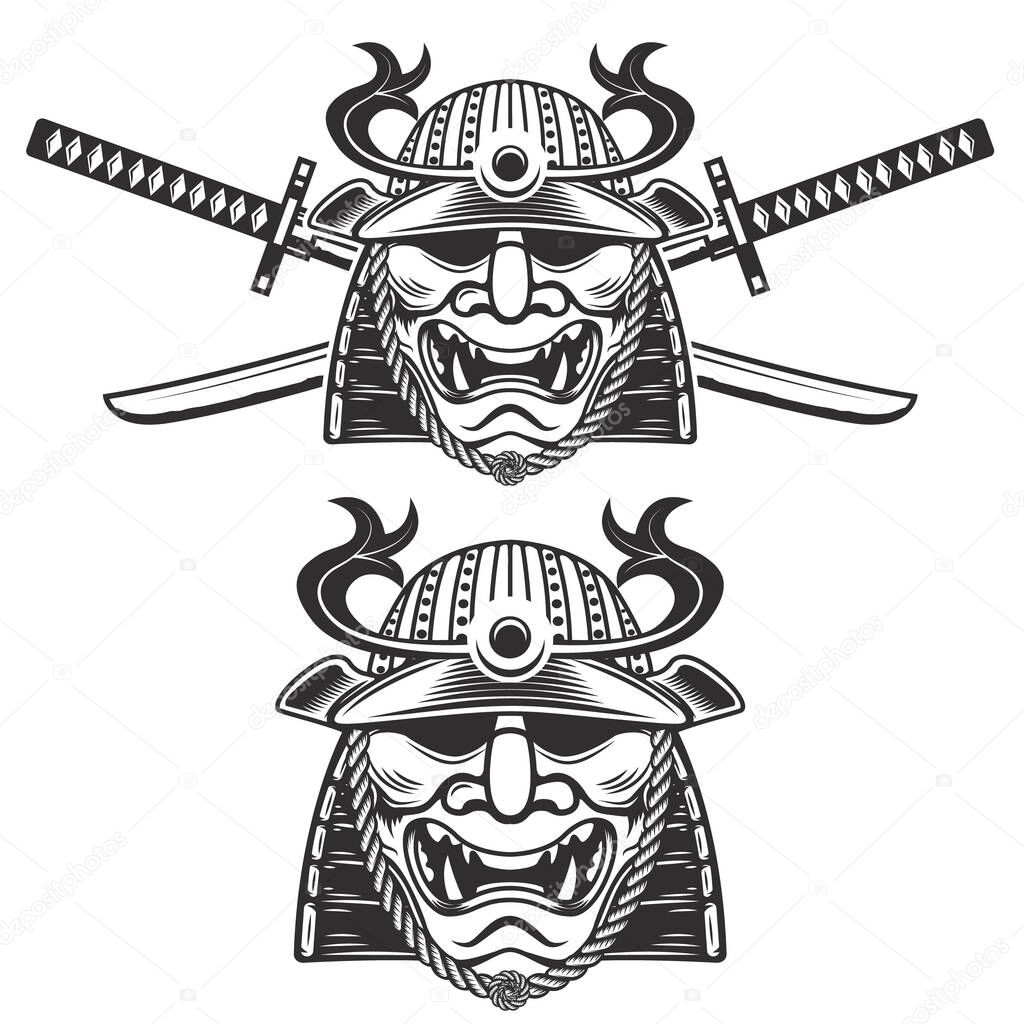 Set of the samurai mask with crossed swords isolated on white background. Design elements for logo, label, emblem, sign, brand mark. 