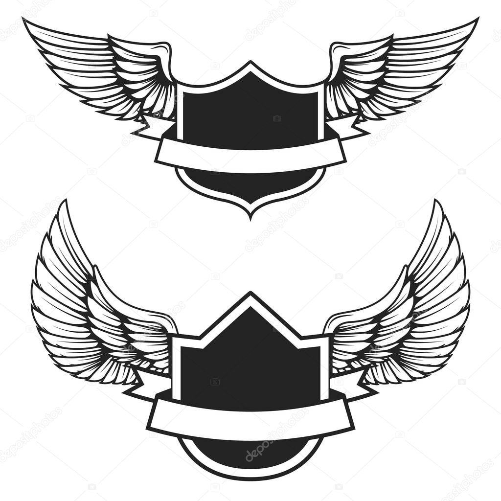 Set of the empty emblems with wings. Design elements for logo, label, badge, sign.