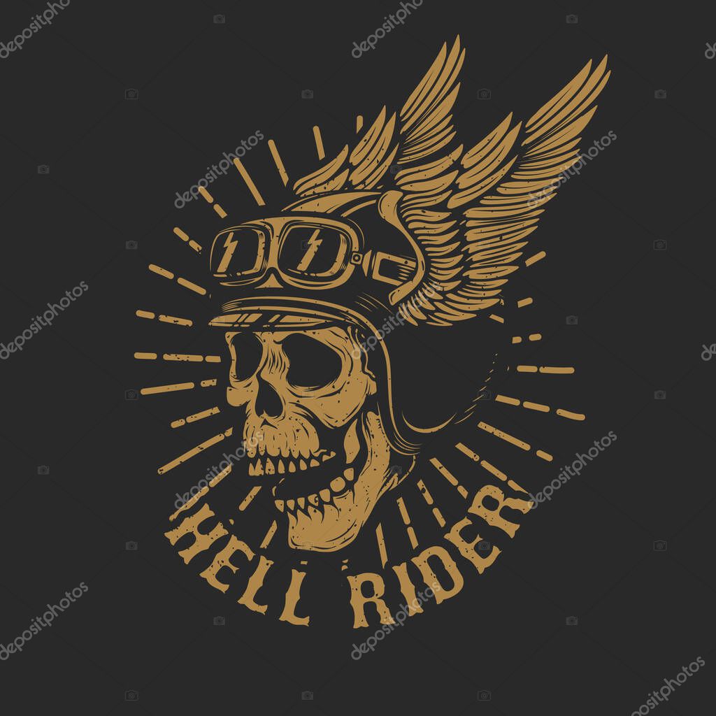 Racer skull in winged helmet isolated on dark background. Design element for emblem, poster, t-shirt.