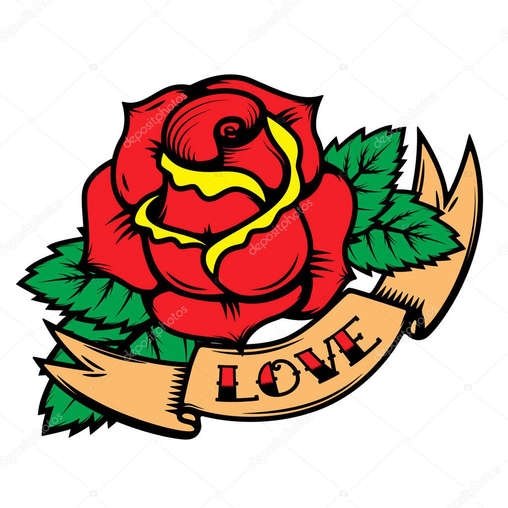 old school tattoo style roses with ribbons isolated on white background. Love. Design elements for poster, postcard, t-shirt. 