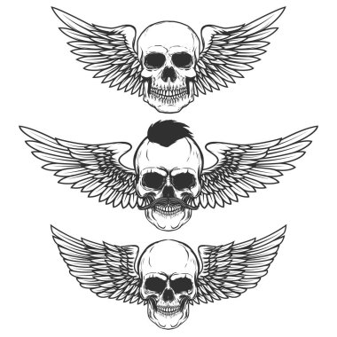 Set of winged skulls isolated on white background. Design elements for poster, t-shirt,  emblem, sign.