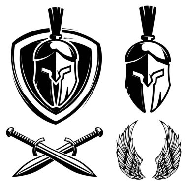 Spartan helmet, shield, sword, wings. Design elements for sport team label, badge, sign.