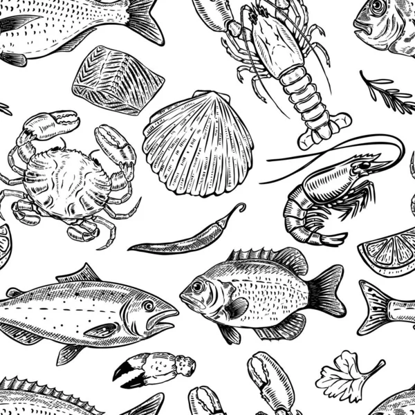 Seafood hand drawn seamless pattern. Design element for poster, wrapping paper.